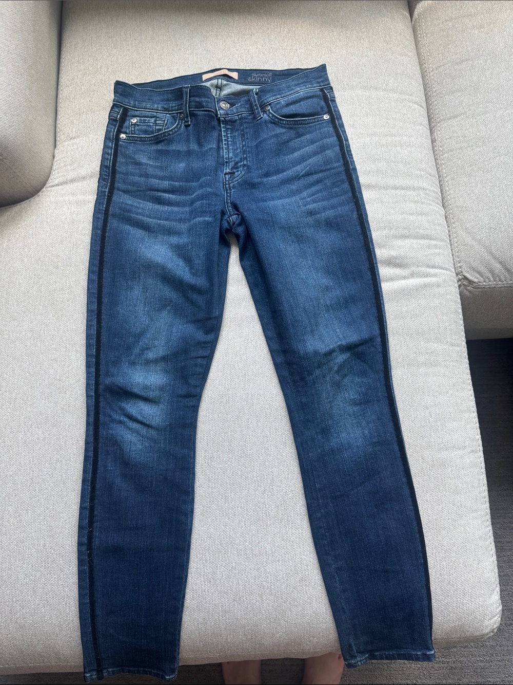 7 For All Mankind Dark Indigo Skinny Jeans with Black Side Stripe